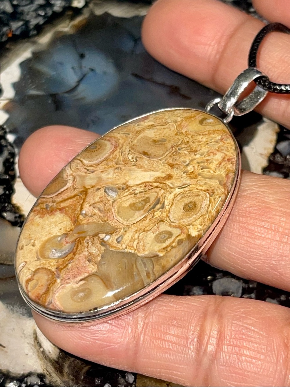 Tan & Brown Concentric "eye" Palm Root Agate Pendant 2 1/2